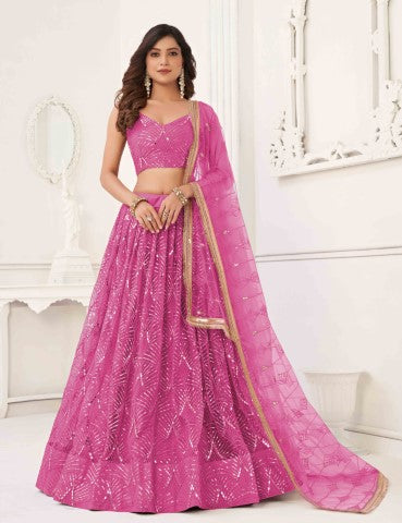 Women's Pink Net Thread Embroiderey With All Over Sequins Work Lehenga - Gruhnaree