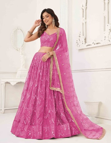 Women's Pink Net Thread Embroiderey With All Over Sequins Work Lehenga - Gruhnaree