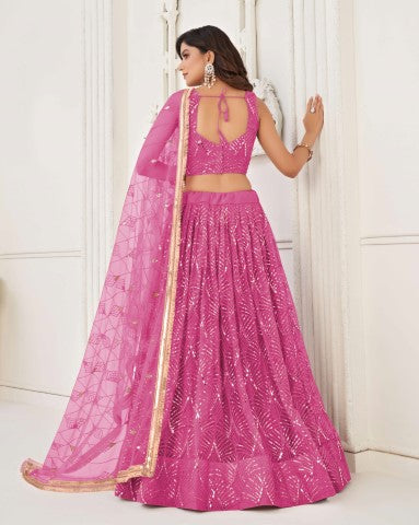 Women's Pink Net Thread Embroiderey With All Over Sequins Work Lehenga - Gruhnaree