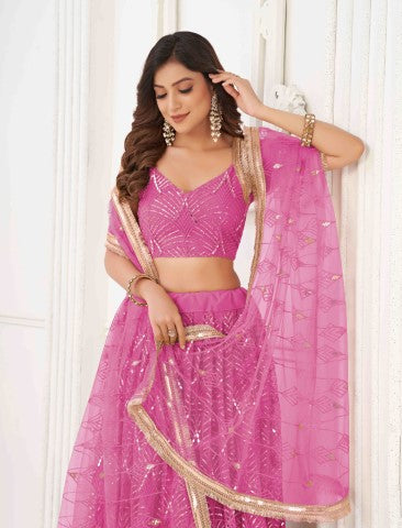 Women's Pink Net Thread Embroiderey With All Over Sequins Work Lehenga - Gruhnaree