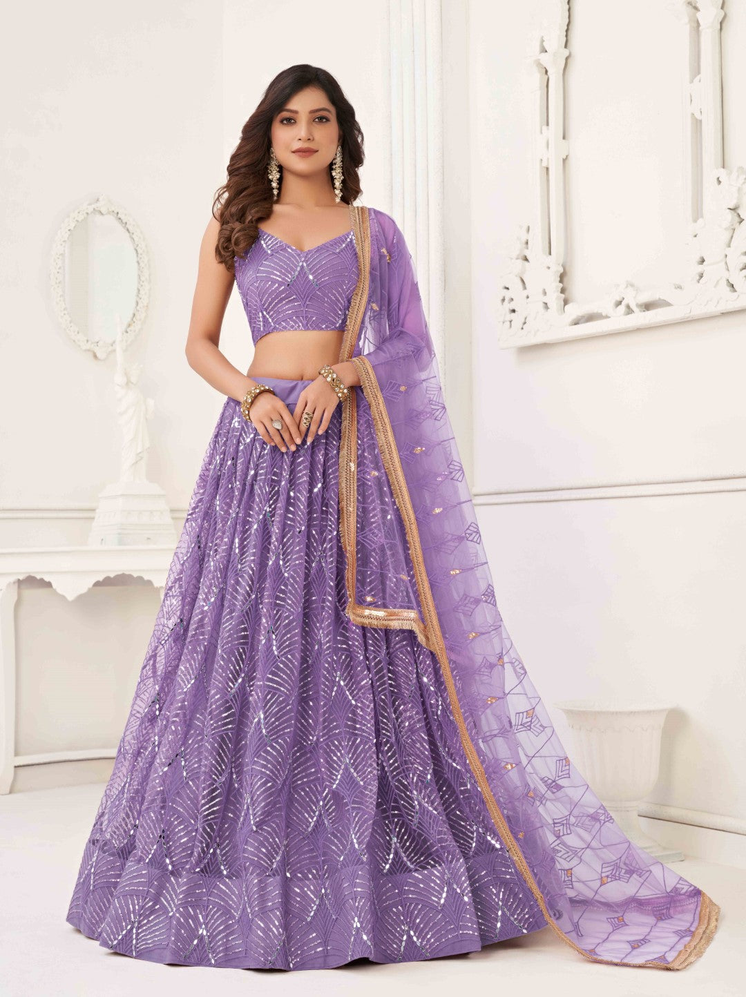 Women's Lavender Net Thread Embroidery Lehenga Set - Gruhnaree