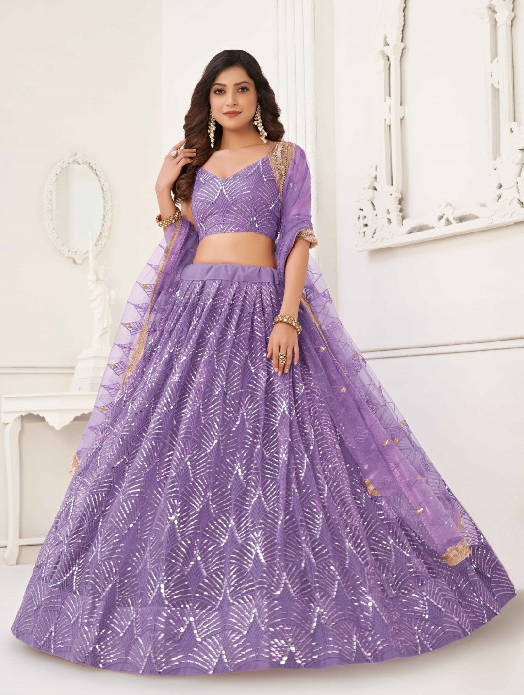 Women's Lavender Net Thread Embroidery Lehenga Set - Gruhnaree