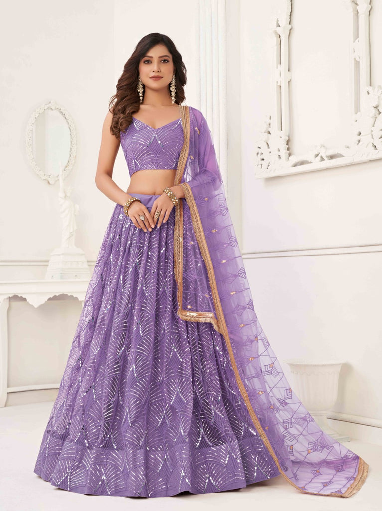 Women's Lavender Net Thread Embroidery Lehenga Set