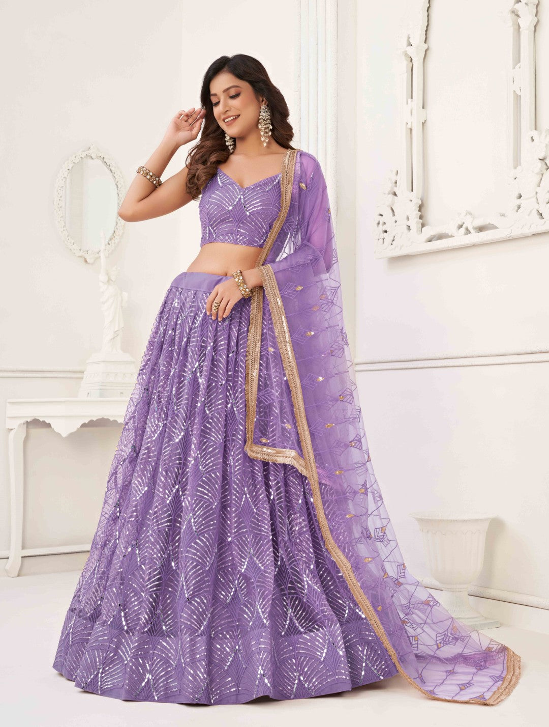 Women's Lavender Net Thread Embroidery Lehenga Set - Gruhnaree