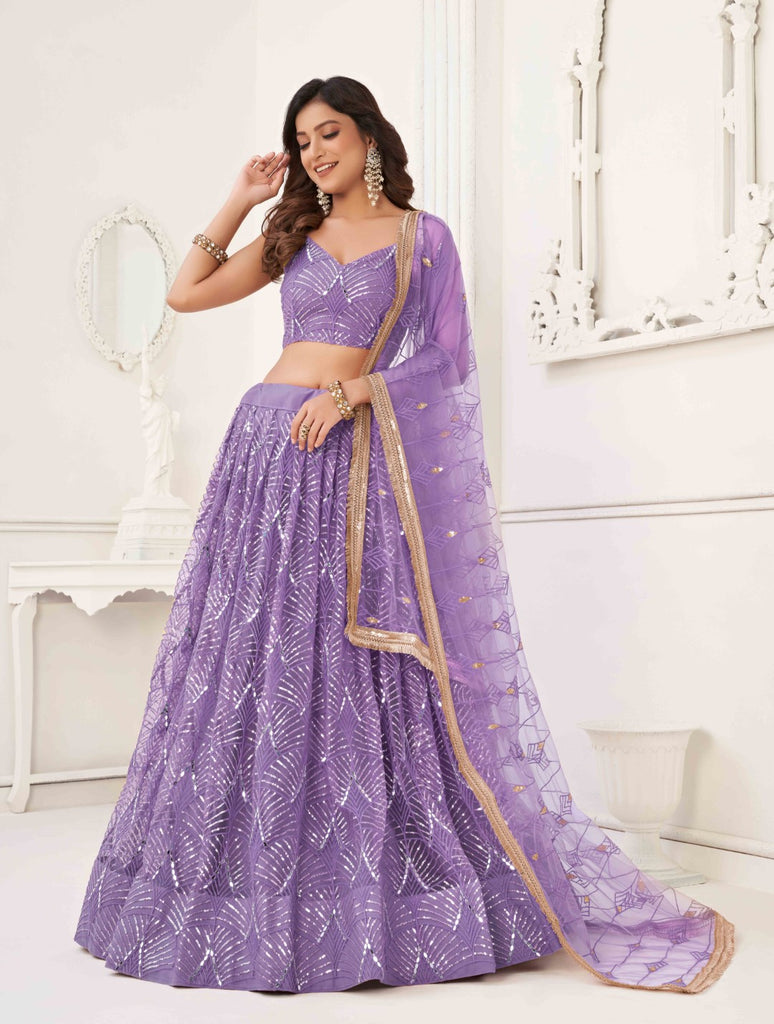 Women's Lavender Net Thread Embroidery Lehenga Set