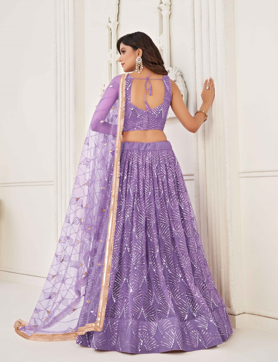 Women's Lavender Net Thread Embroidery Lehenga Set - Gruhnaree