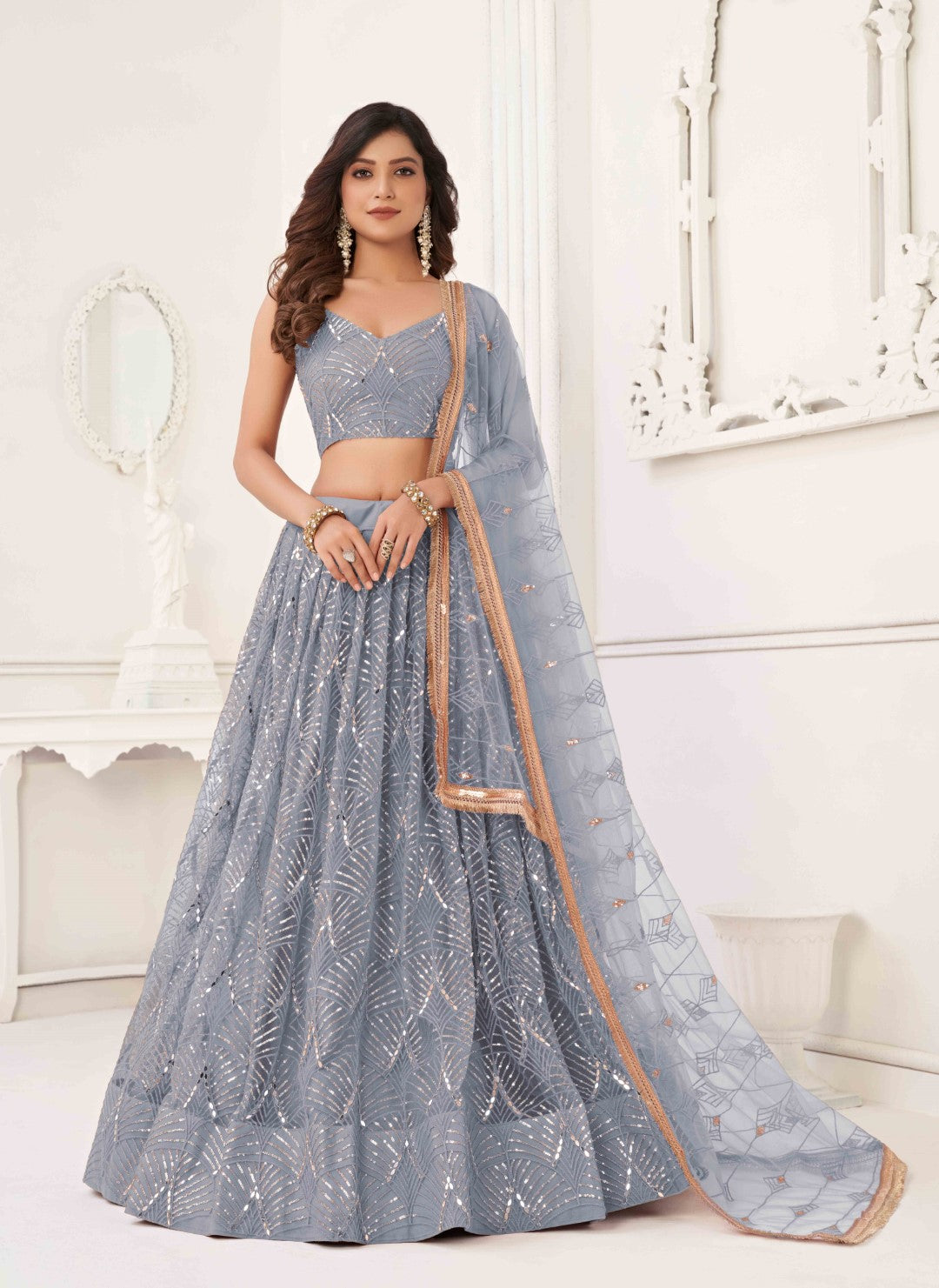 Women's Light Grey Net Thread Embroidery Lehenga Set - Gruhnaree