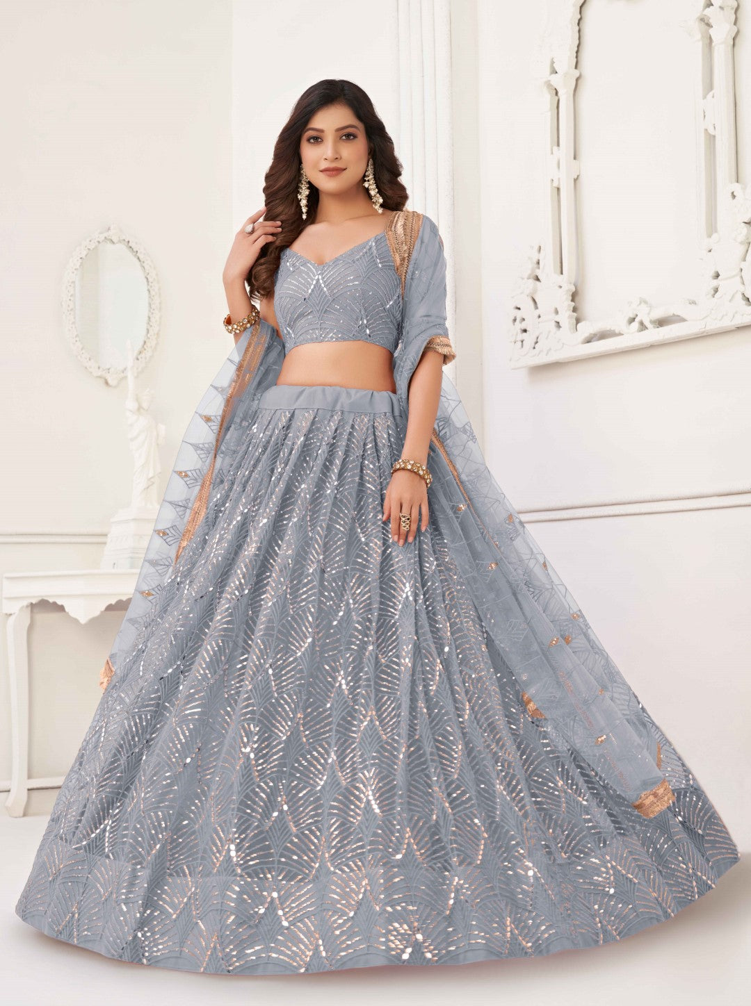 Women's Light Grey Net Thread Embroidery Lehenga Set - Gruhnaree