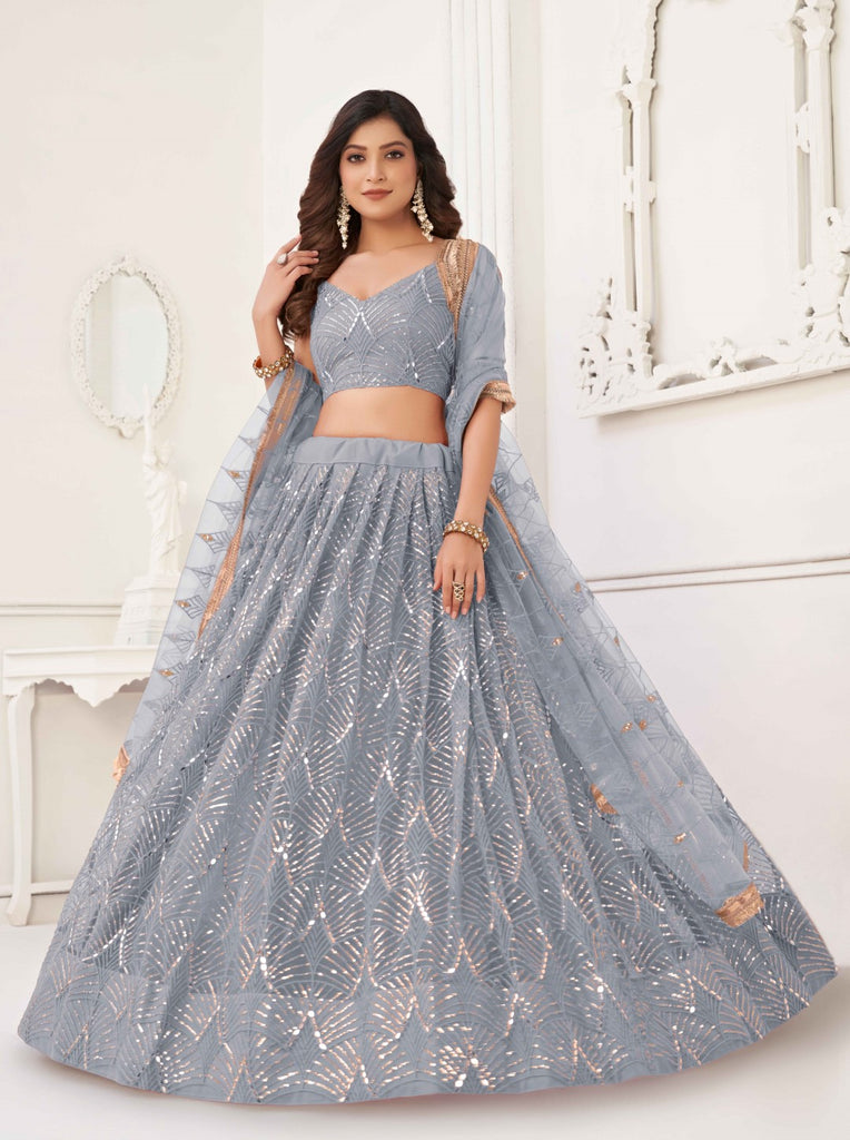 Women's Light Grey Net Thread Embroidery Lehenga Set