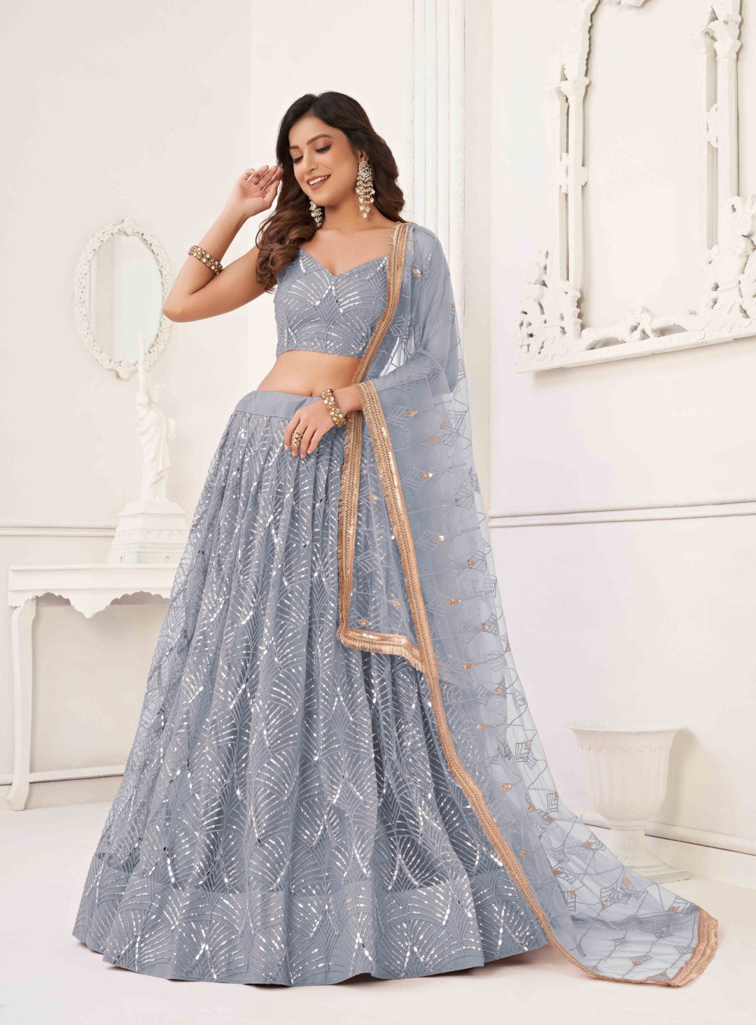 Women's Light Grey Net Thread Embroidery Lehenga Set - Gruhnaree