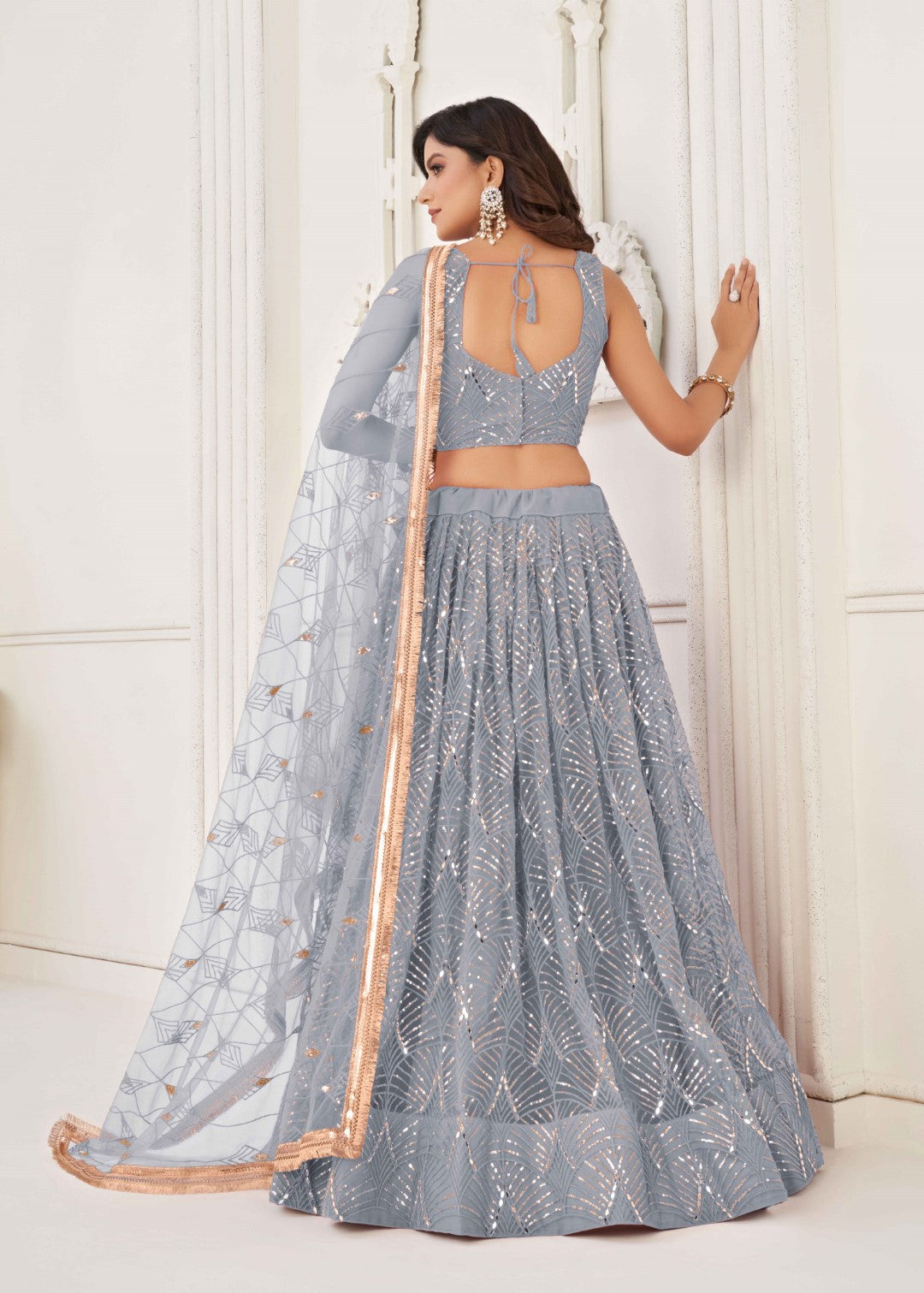 Women's Light Grey Net Thread Embroidery Lehenga Set - Gruhnaree