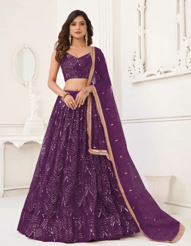 Women's Wine Net Thread Embroiderey With All Over Sequins Work Lehenga - Gruhnaree