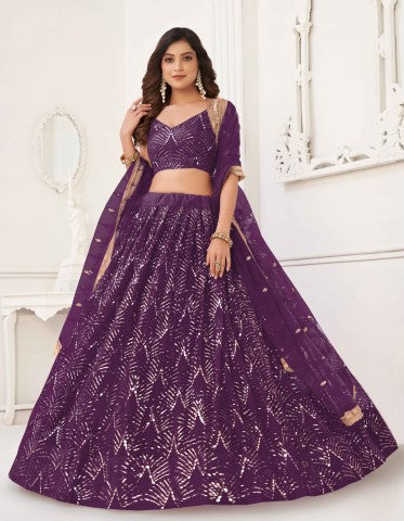 Women's Wine Net Thread Embroiderey With All Over Sequins Work Lehenga - Gruhnaree