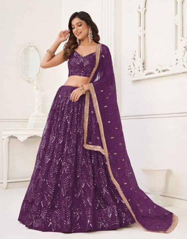 Women's Wine Net Thread Embroiderey With All Over Sequins Work Lehenga - Gruhnaree