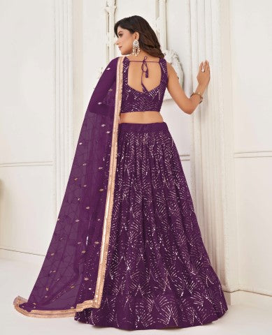 Women's Wine Net Thread Embroiderey With All Over Sequins Work Lehenga - Gruhnaree