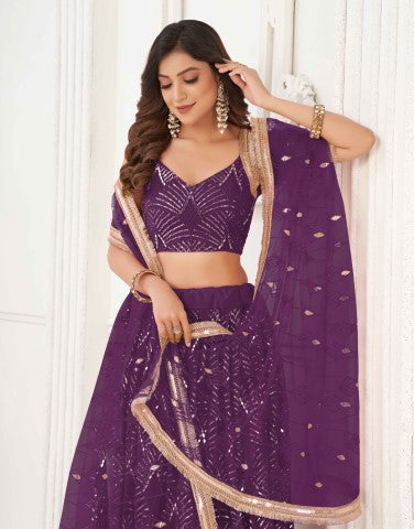 Women's Wine Net Thread Embroiderey With All Over Sequins Work Lehenga - Gruhnaree