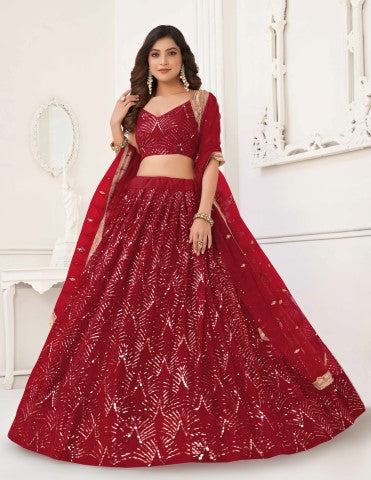 Women's Red Net Thread Embroiderey With All Over Sequins Work Lehenga - Gruhnaree