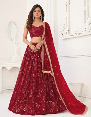 Women's Red Net Thread Embroiderey With All Over Sequins Work Lehenga - Gruhnaree