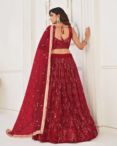 Women's Red Net Thread Embroiderey With All Over Sequins Work Lehenga - Gruhnaree