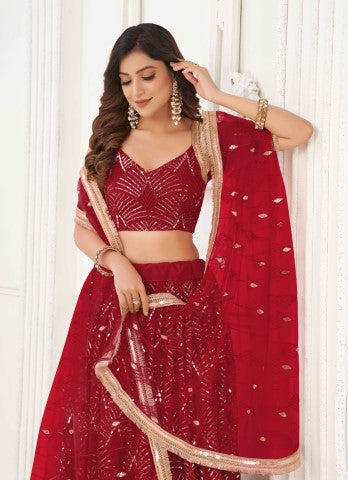 Women's Red Net Thread Embroiderey With All Over Sequins Work Lehenga - Gruhnaree