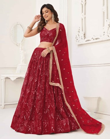 Women's Red Net Thread Embroiderey With All Over Sequins Work Lehenga - Gruhnaree