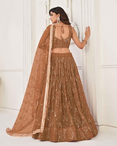 Women's Brown Net Thread Embroiderey With All Over Sequins Work Lehenga - Gruhnaree