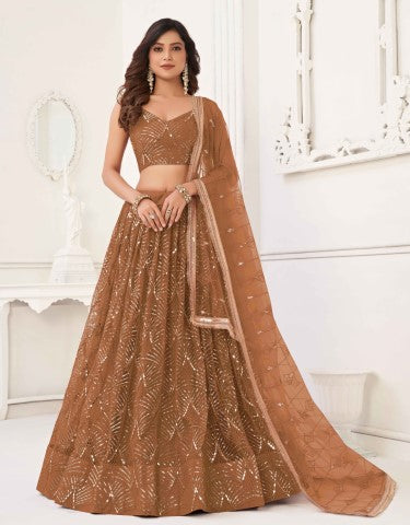 Women's Brown Net Thread Embroiderey With All Over Sequins Work Lehenga