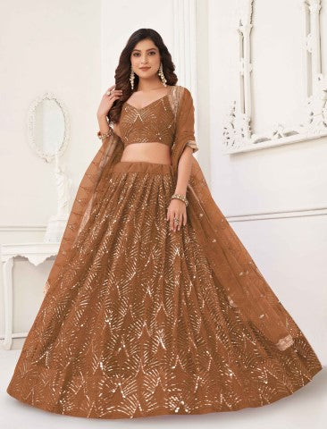 Women's Brown Net Thread Embroiderey With All Over Sequins Work Lehenga - Gruhnaree