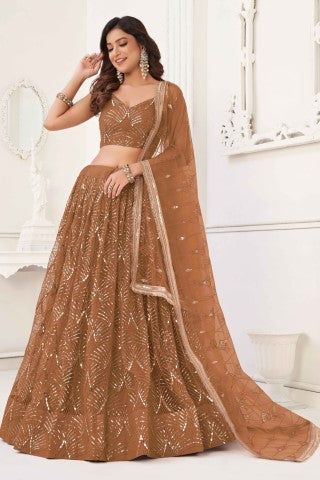 Women's Brown Net Thread Embroiderey With All Over Sequins Work Lehenga - Gruhnaree