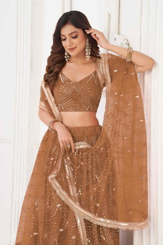 Women's Brown Net Thread Embroiderey With All Over Sequins Work Lehenga - Gruhnaree