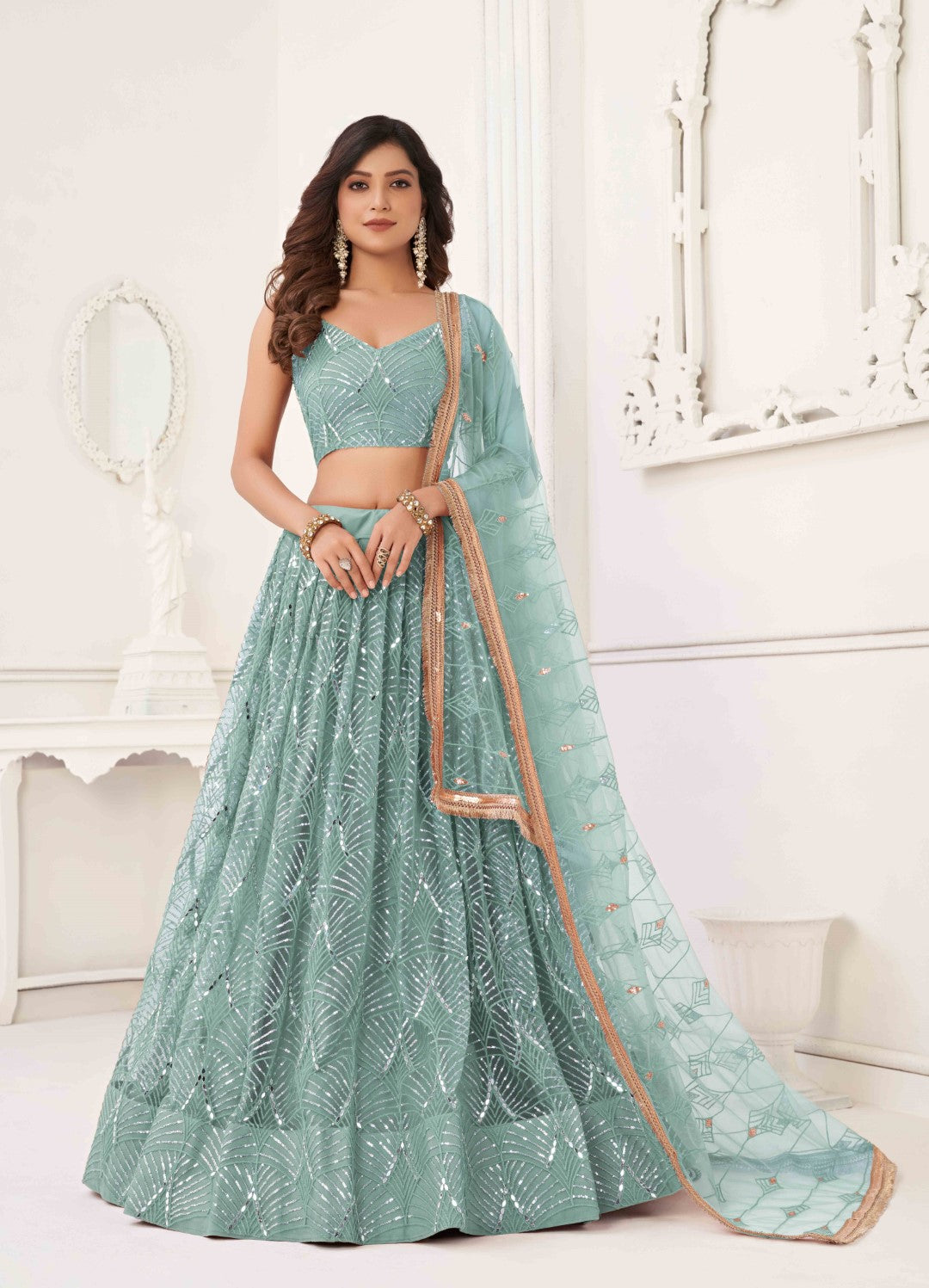 Women's Ocean Blue Net Thread Embroidery Lehenga Set - Gruhnaree