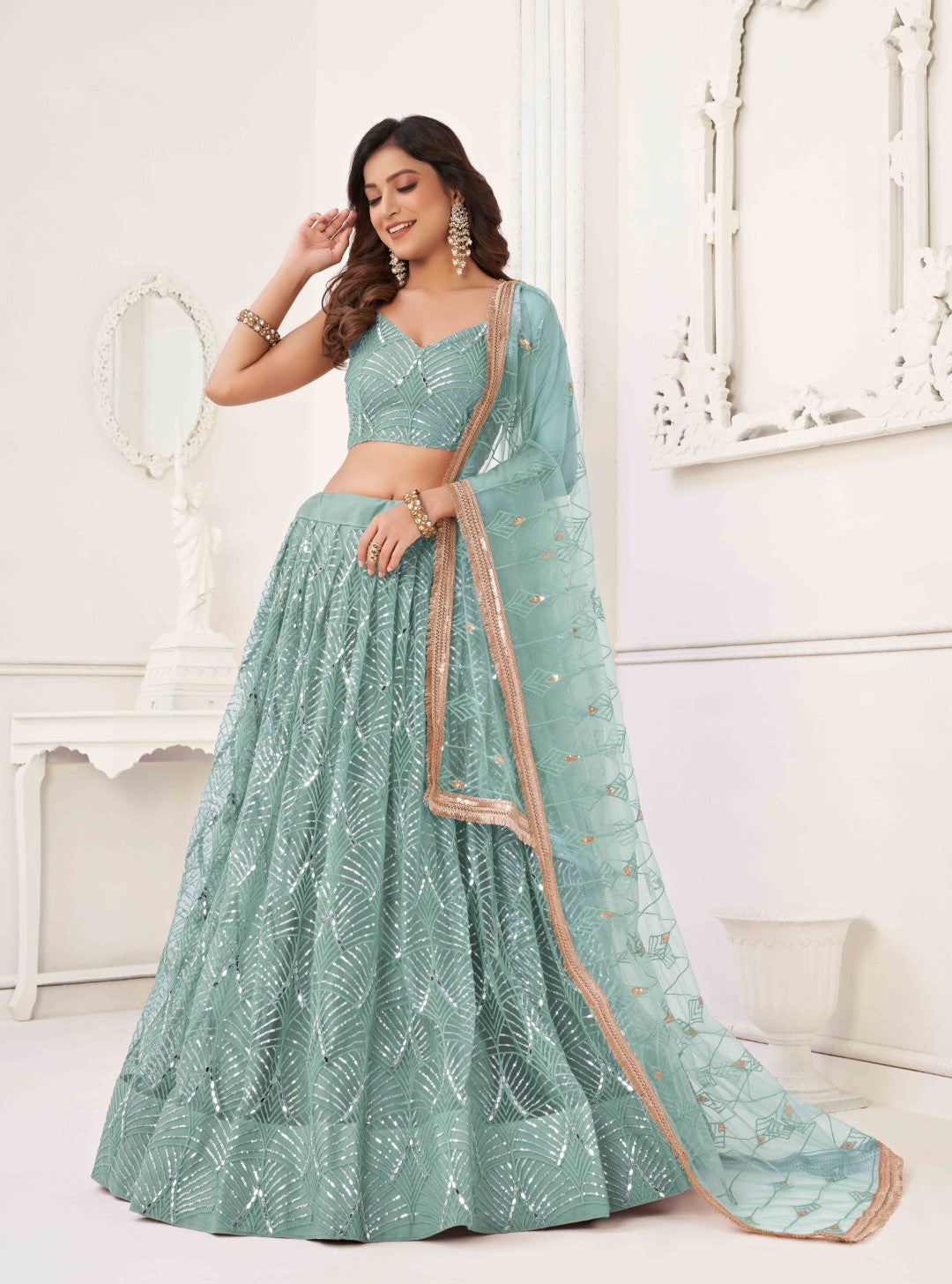 Women's Ocean Blue Net Thread Embroidery Lehenga Set - Gruhnaree