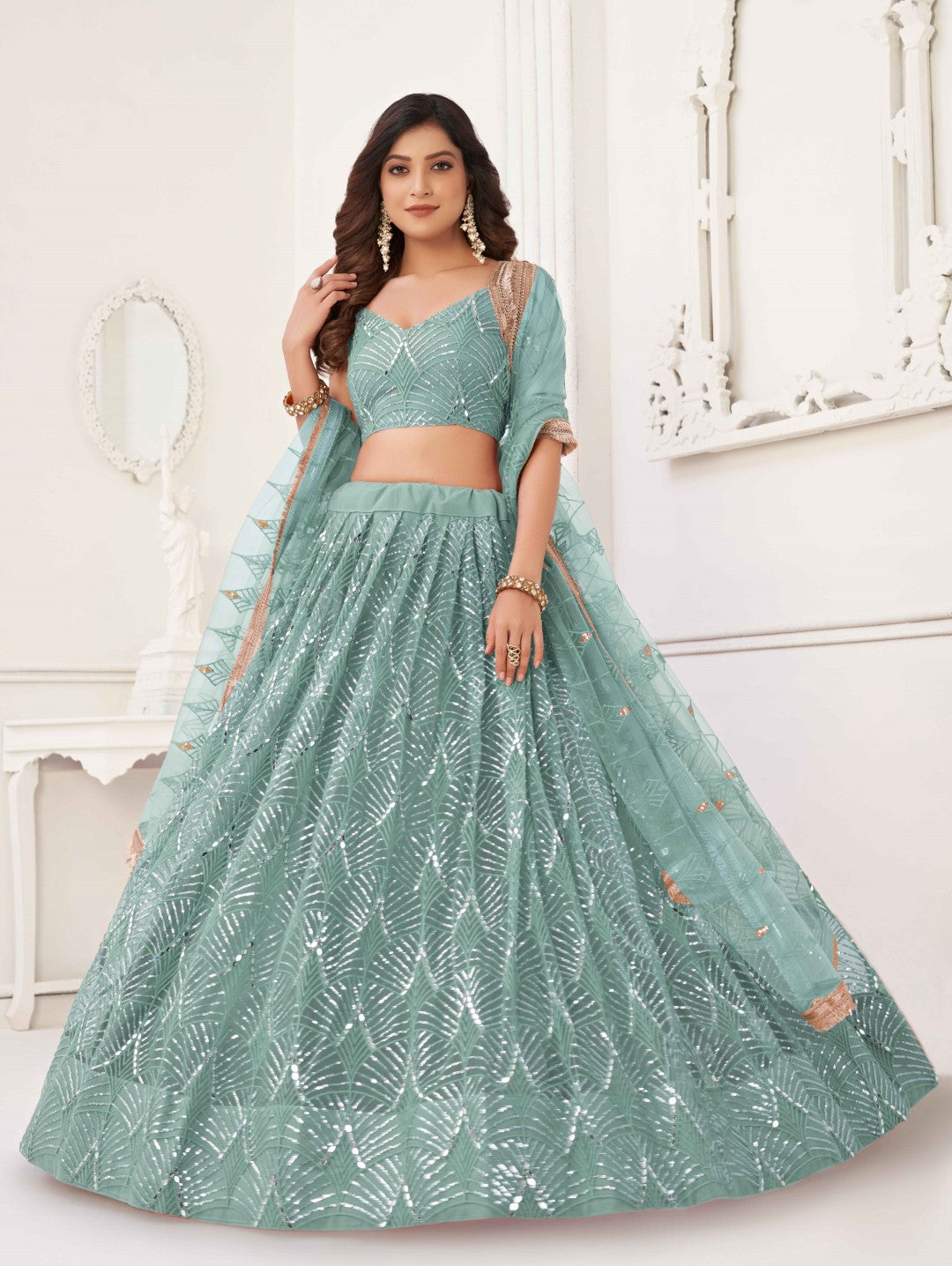 Women's Ocean Blue Net Thread Embroidery Lehenga Set - Gruhnaree