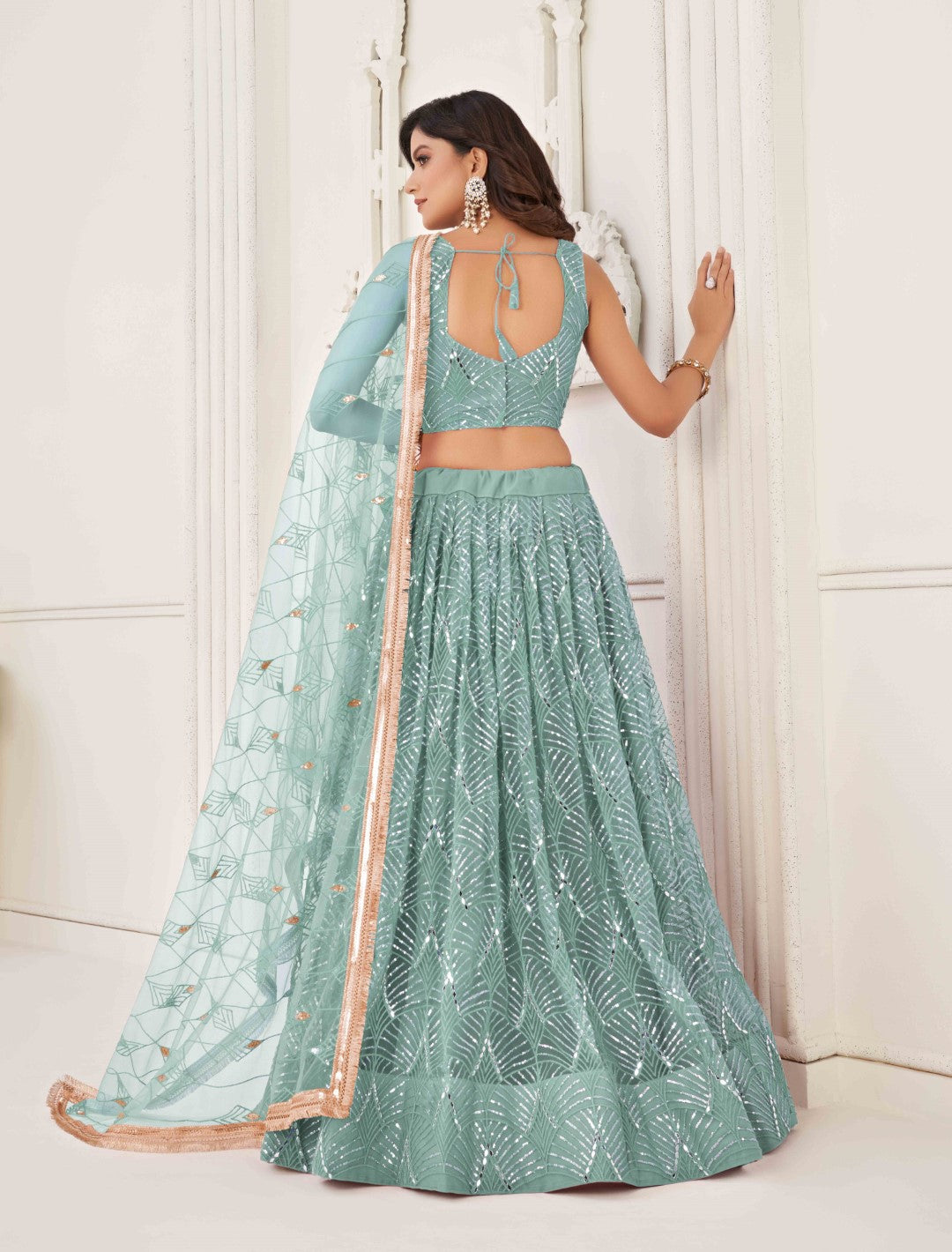 Women's Ocean Blue Net Thread Embroidery Lehenga Set - Gruhnaree