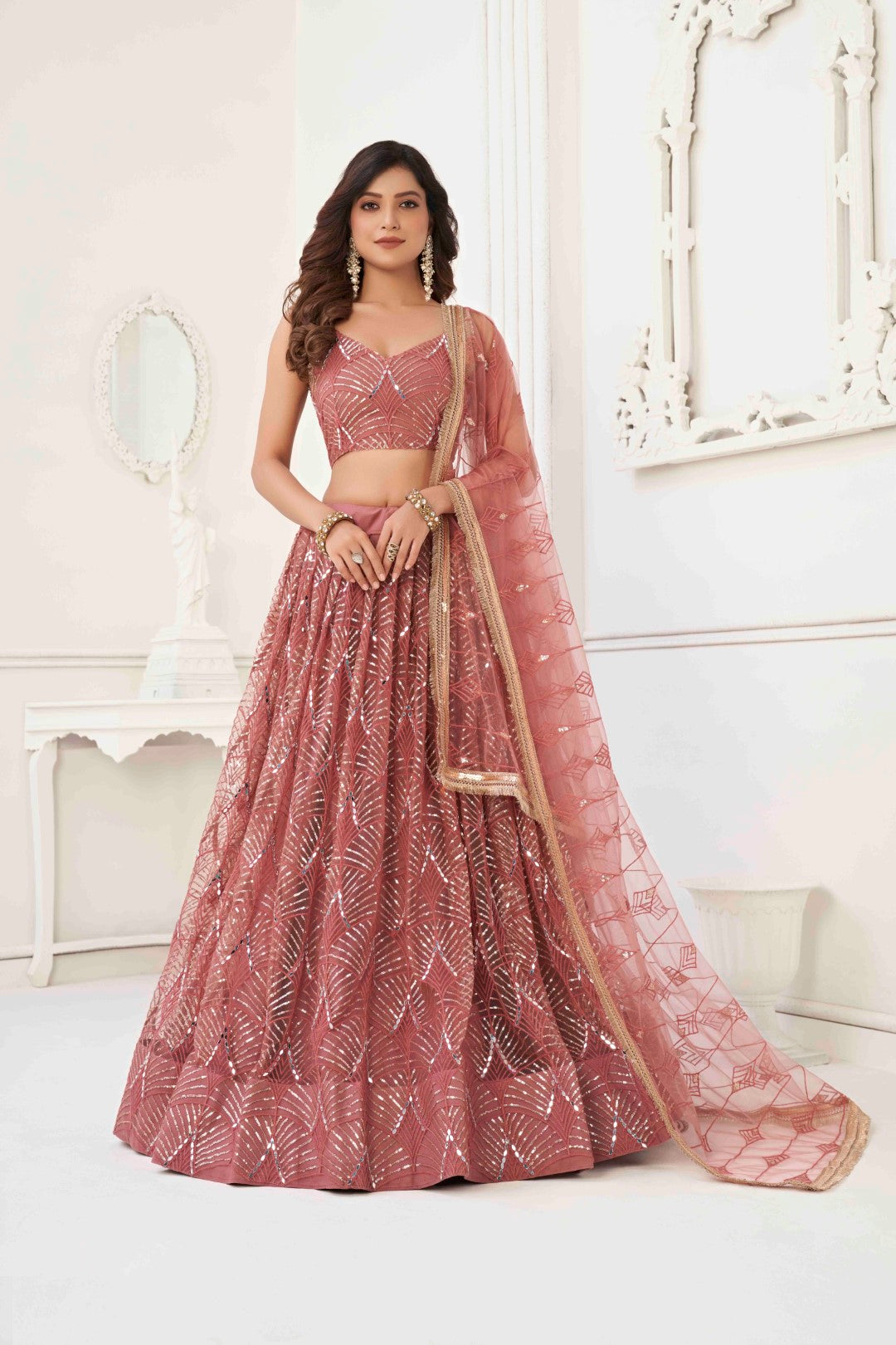 Women's Onion Pink Net Thread Embroidery Lehenga Set - Gruhnaree