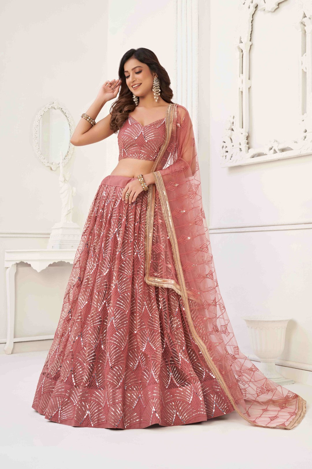 Women's Onion Pink Net Thread Embroidery Lehenga Set - Gruhnaree