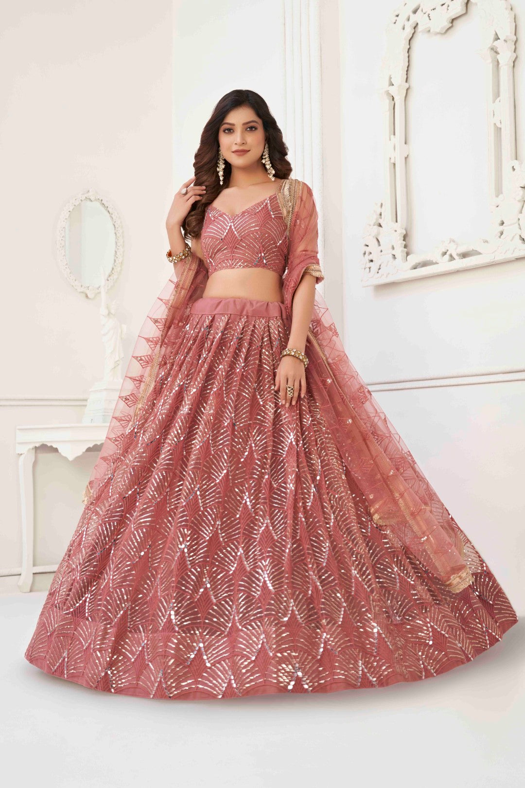 Women's Onion Pink Net Thread Embroidery Lehenga Set - Gruhnaree