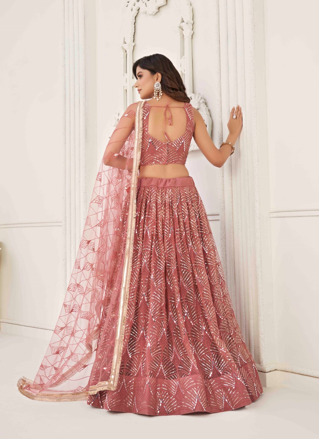 Women's Onion Pink Net Thread Embroidery Lehenga Set - Gruhnaree