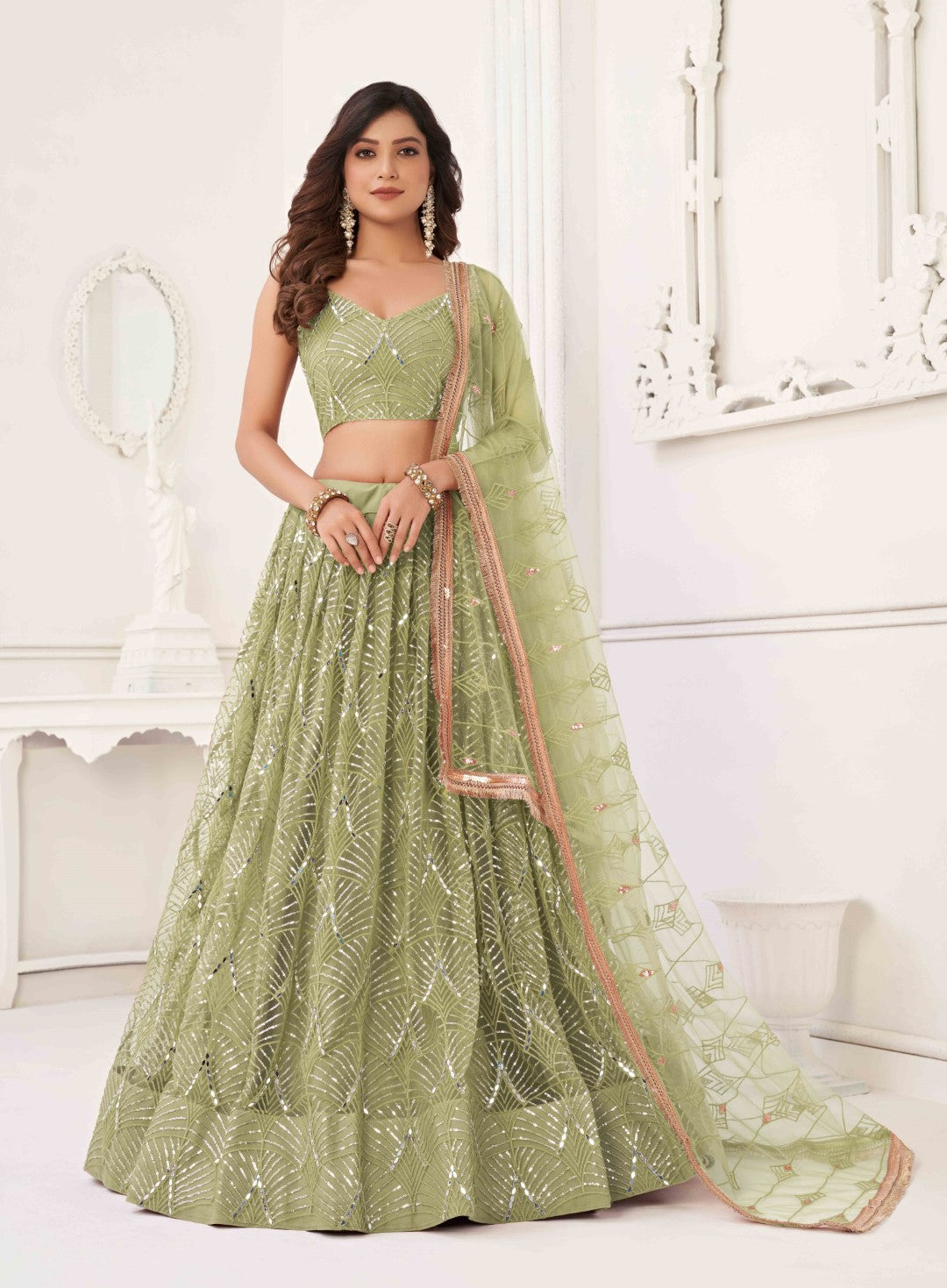 Women's Pista Green Net Thread Embroidery Lehenga Set - Gruhnaree