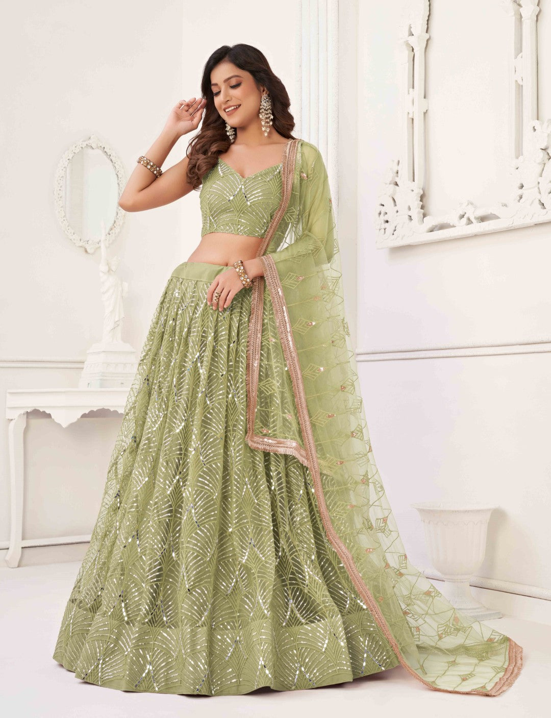 Women's Pista Green Net Thread Embroidery Lehenga Set - Gruhnaree