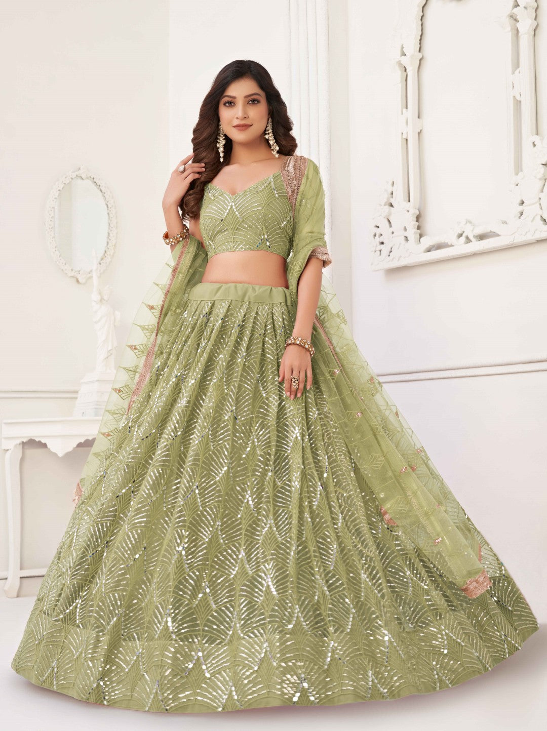 Women's Pista Green Net Thread Embroidery Lehenga Set - Gruhnaree