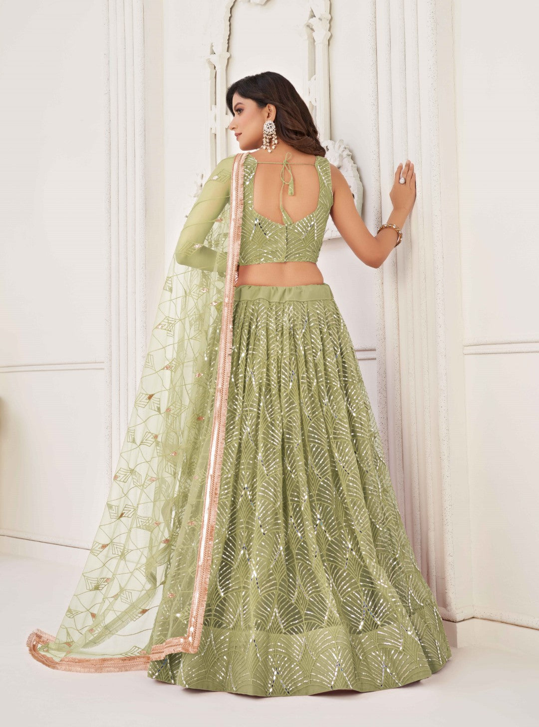 Women's Pista Green Net Thread Embroidery Lehenga Set - Gruhnaree