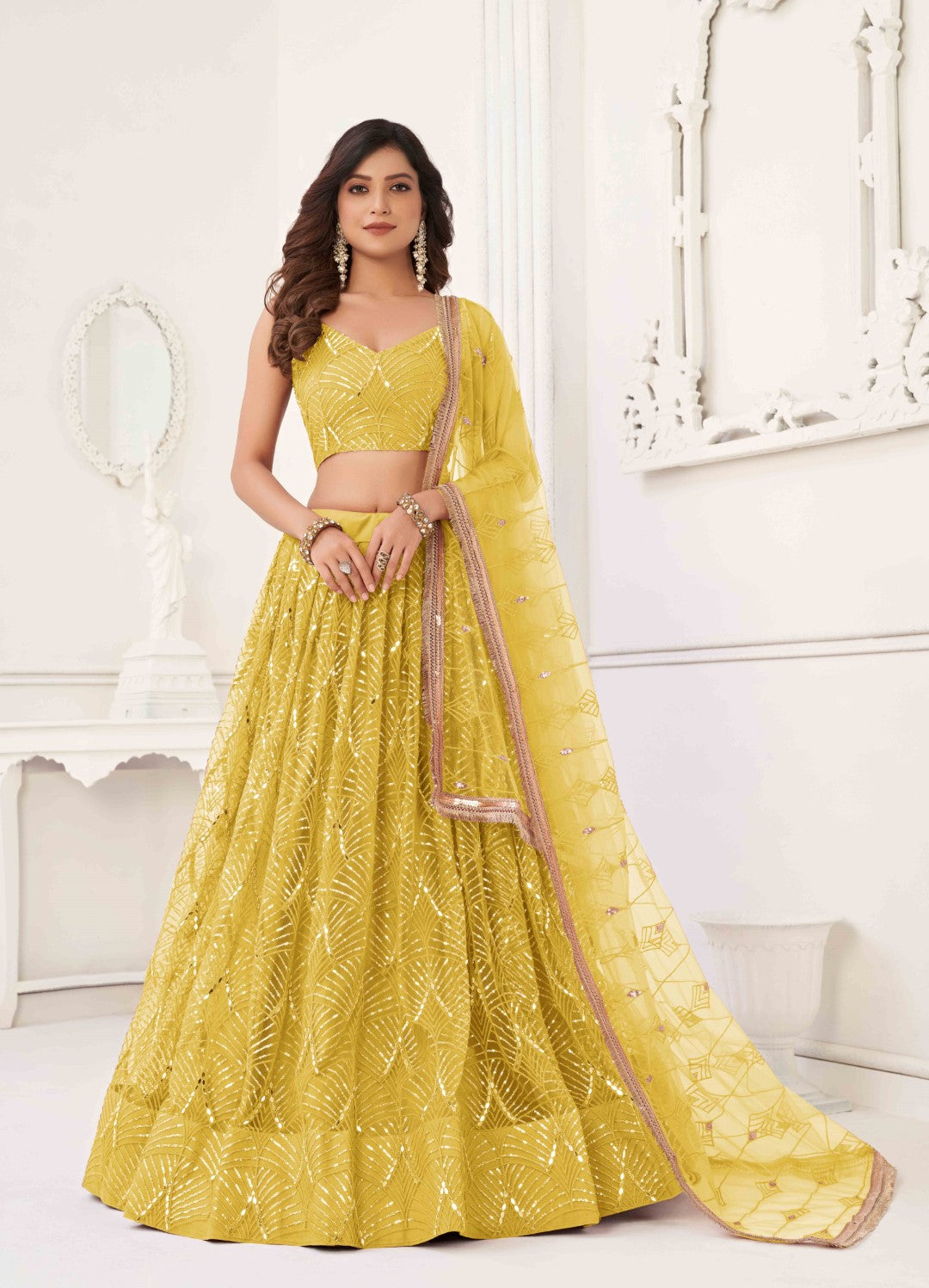 Women's Yellow Net Thread Embroidery Lehenga Set - Gruhnaree