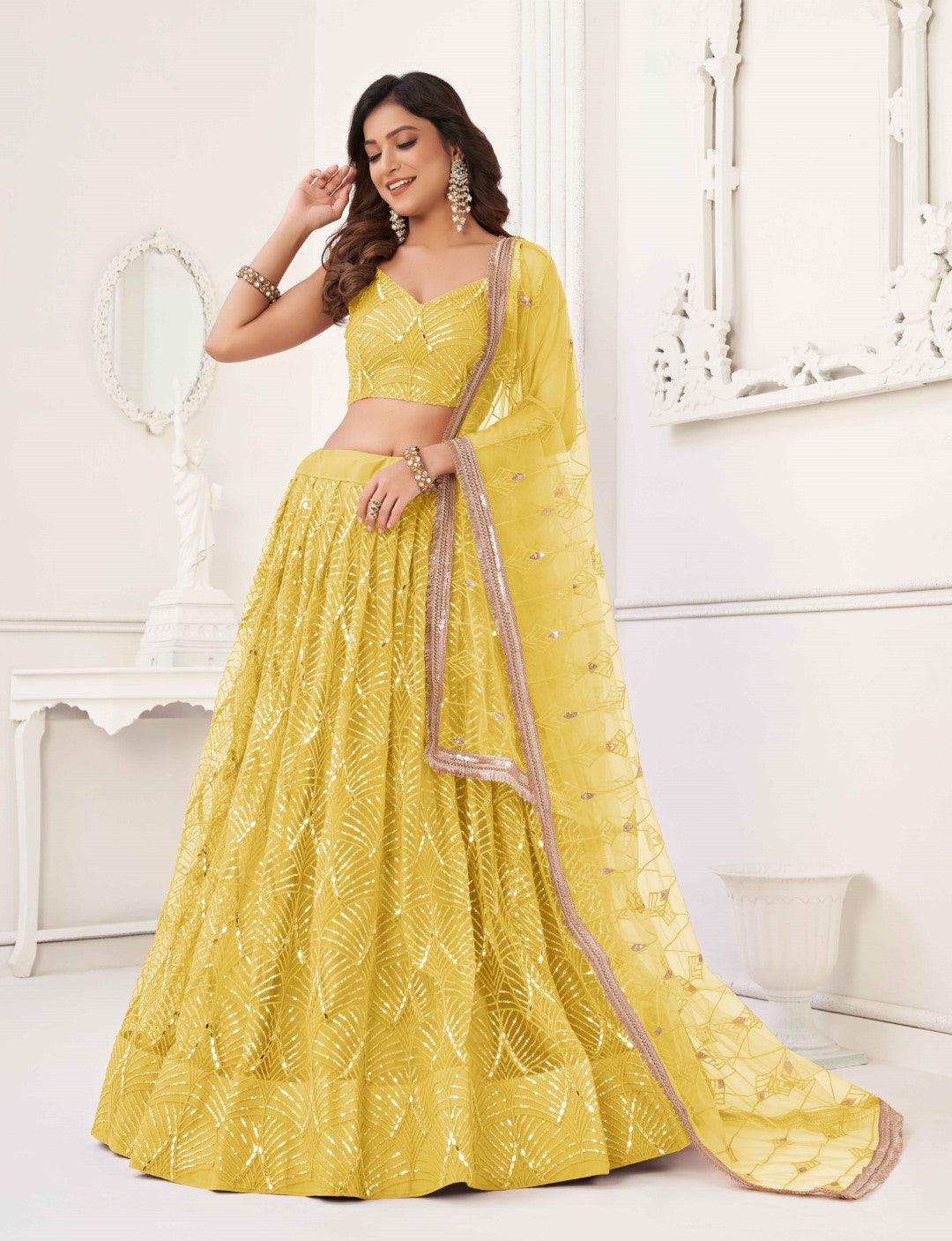 Women's Yellow Net Thread Embroidery Lehenga Set - Gruhnaree