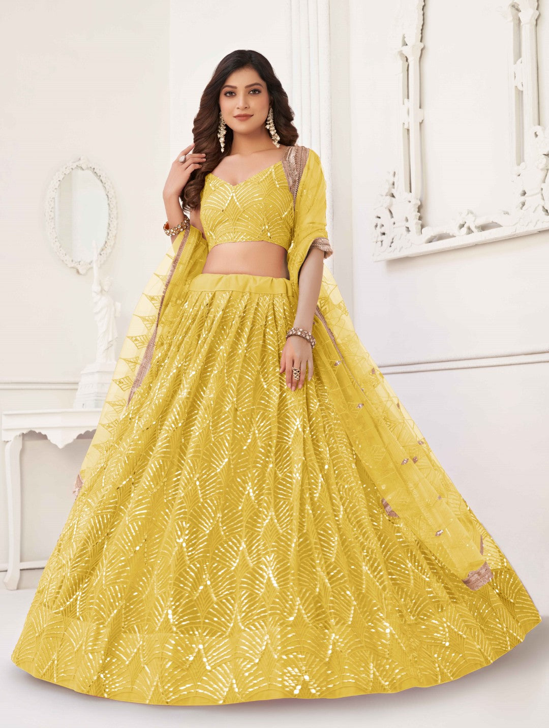 Women's Yellow Net Thread Embroidery Lehenga Set - Gruhnaree