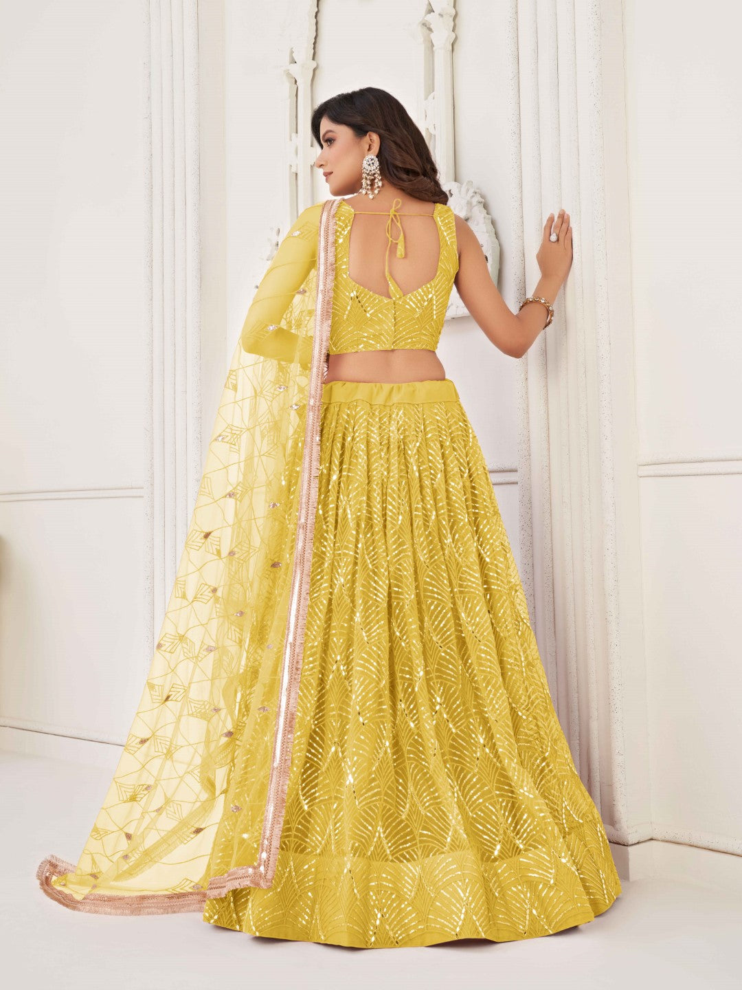 Women's Yellow Net Thread Embroidery Lehenga Set - Gruhnaree