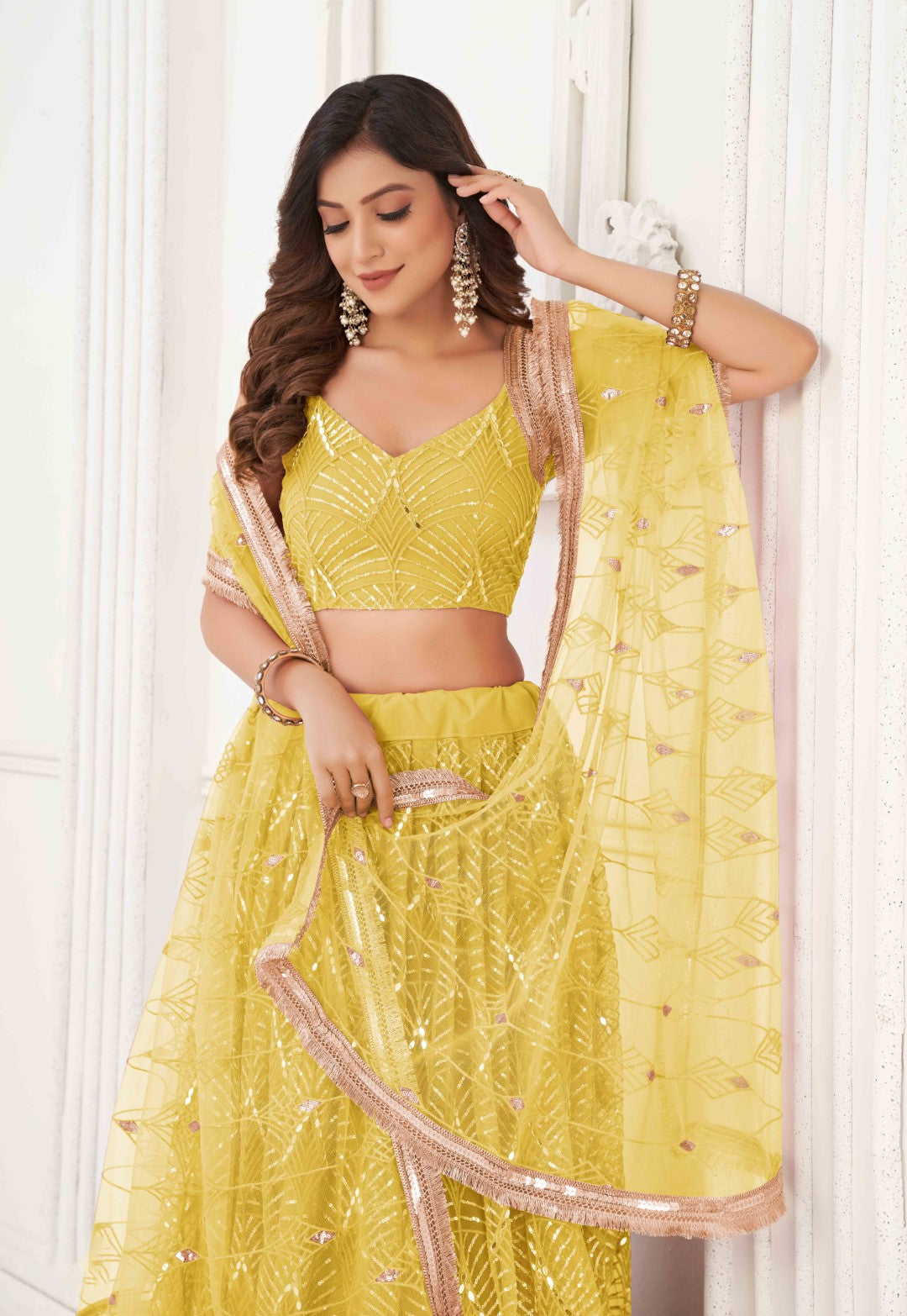 Women's Yellow Net Thread Embroidery Lehenga Set - Gruhnaree