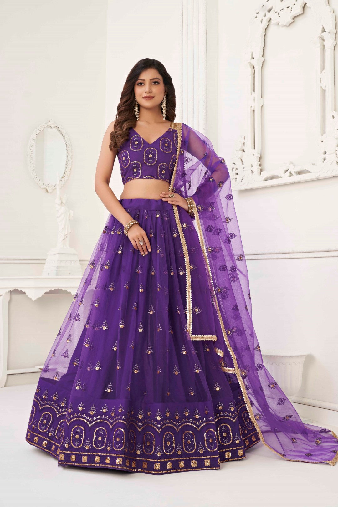 Women's Purple Net Thread Embroidery Lehenga Set - Gruhnaree