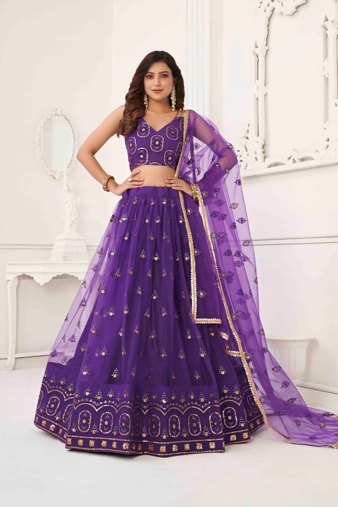 Women's Purple Net Thread Embroidery Lehenga Set - Gruhnaree