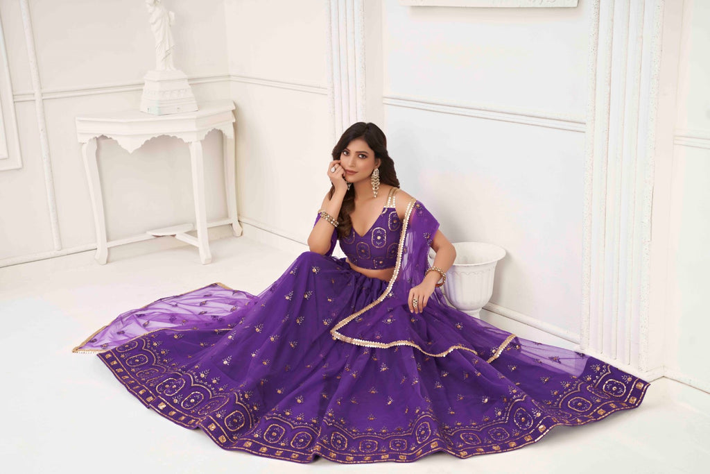 Women's Purple Net Thread Embroidery Lehenga Set